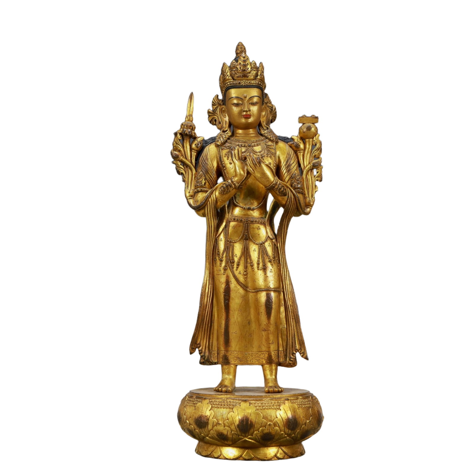 A Solemn Gilt Bronze Statue of Manjusri: A Solemn Gilt Bronze Statue of Manjusri,Ming Dynasty, China,Size:5.5inx16.1in,Weight:3850g,铜鎏金文殊菩萨像,中国明代