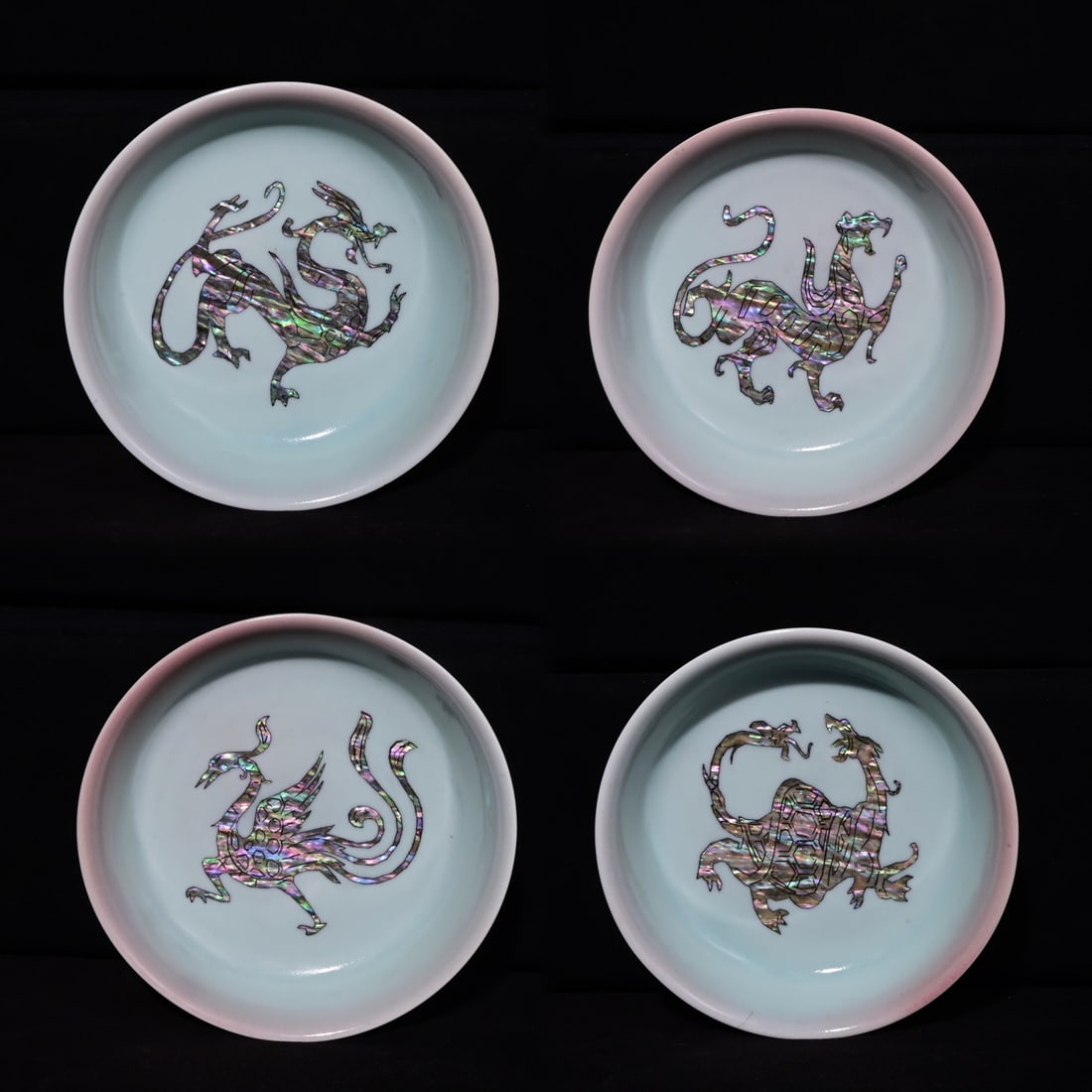 An Exquisite A Set of Ru yao Inlaid Shell Auspicious Animal Pattern Plate,: An Exquisite A Set of Ru yao Inlaid Shell Auspicious Animal Pattern Plate,Song Dynasty, China,With Mark,Size:3inx6.5in