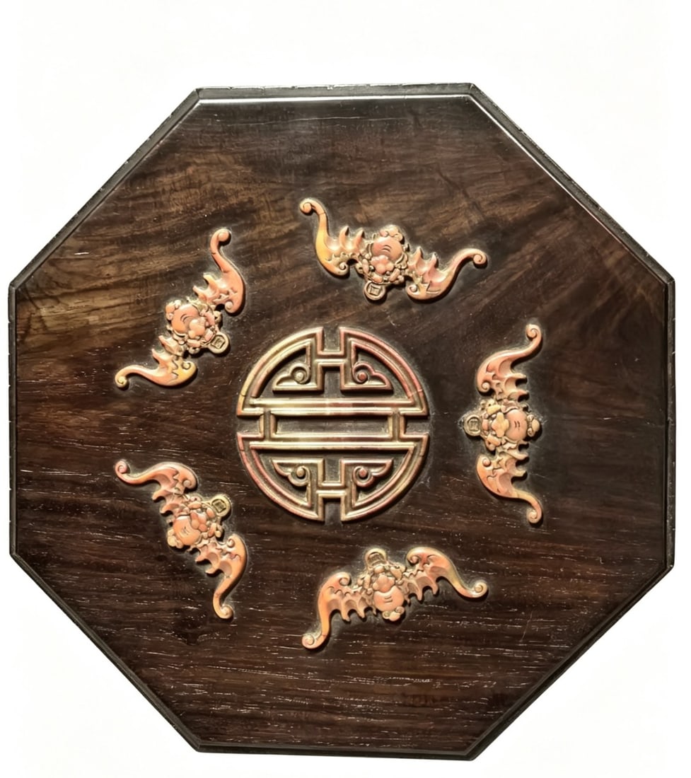 An Exquisite Zitanwood Bats and Peach Pattern Flower Pattern Box,Inlaid Gems: An Exquisite Zitanwood Bats and Peach Pattern Flower Pattern Box,Inlaid Gems,Qing
