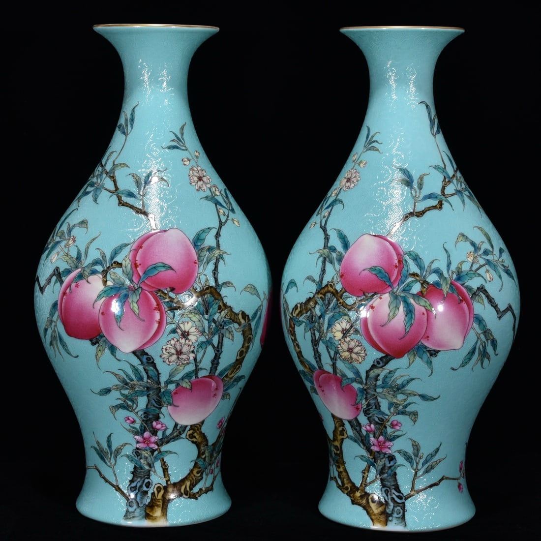 A Pair of Exquisite Turquoise Glazed Famille-Rose Flower and Bird Pattern Vases: A Pair of Exquisite Turquoise Glazed Famille-Rose Flower and Bird Pattern Vases,Qing Dynasty,China,with Yongzheng Six-character