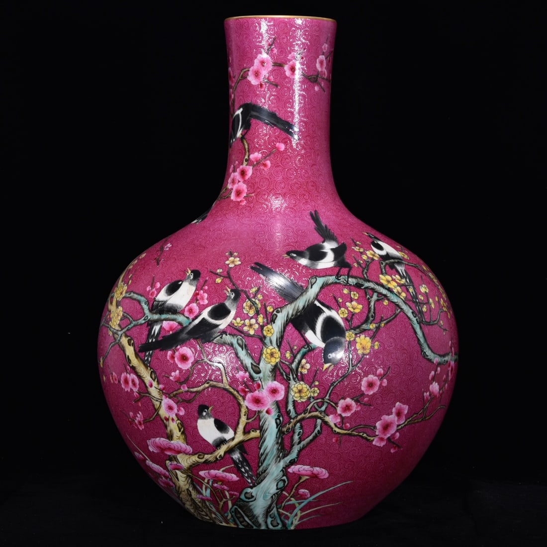 An Exquisite Ruby Red-Glazed Flower and Bird Pattern Vase: An Exquisite Ruby Red-Glazed Flower and Bird Pattern Vase,Qing Dynasty,China,with Qianlong Six-character Mark,Size:21.7inx15in,胭脂红釉花鸟纹瓶,中