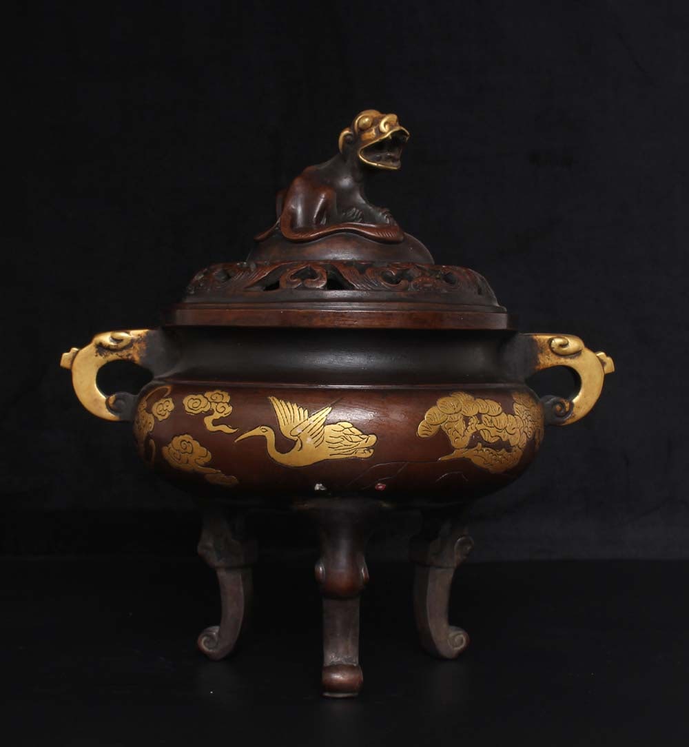 An Exquisite Gilt Bronze Beast Pattern Double-Ears Tripod Censer: An Exquisite Gilt Bronze Beast Pattern Double-Ears Tripod Censer,Ming Dynasty,China,with Xuande Four-character