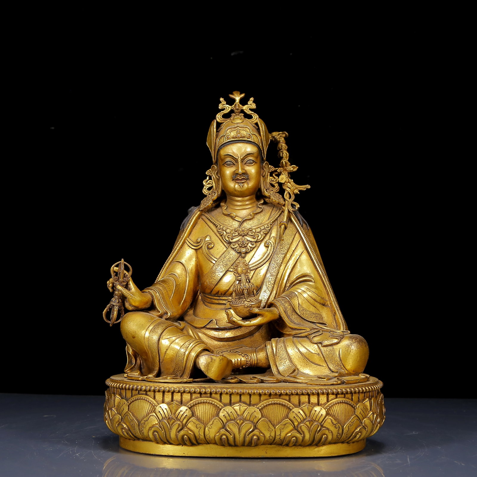 A Solemn Gilt Bronze Statue of Padma Sambhava: A Solemn Gilt Bronze Statue of Padma Sambhava,Qing Dynasty,China,Qianlong Seven-character