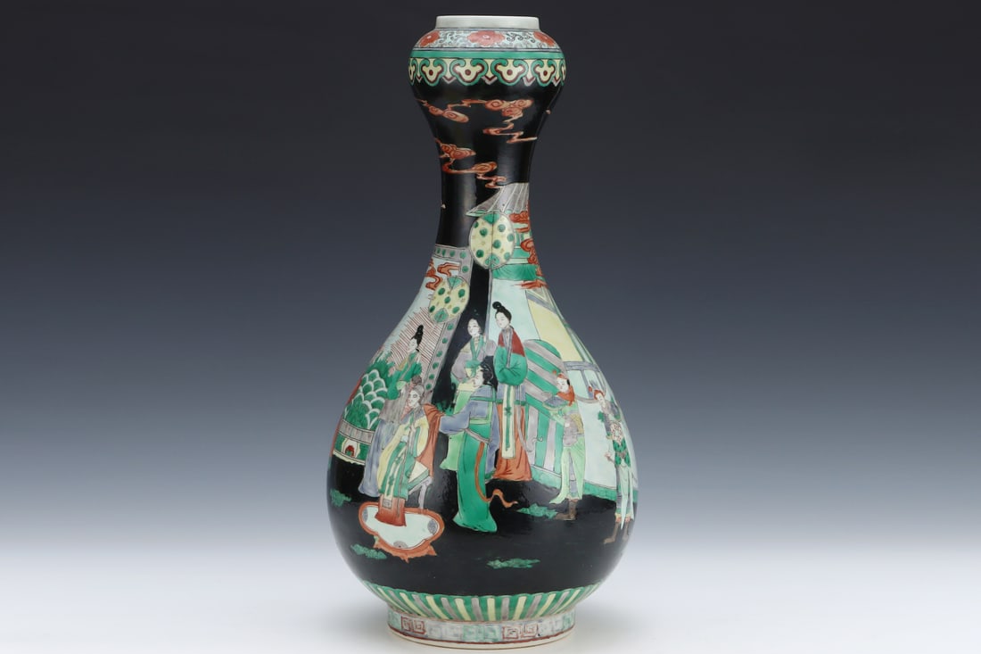 An Exquisite Black Ground Wucai Character and Story Pattern Vase: An Exquisite Black Ground Wucai Character and Story Pattern VaseQing Dynasty, China,Kangxi Six-character