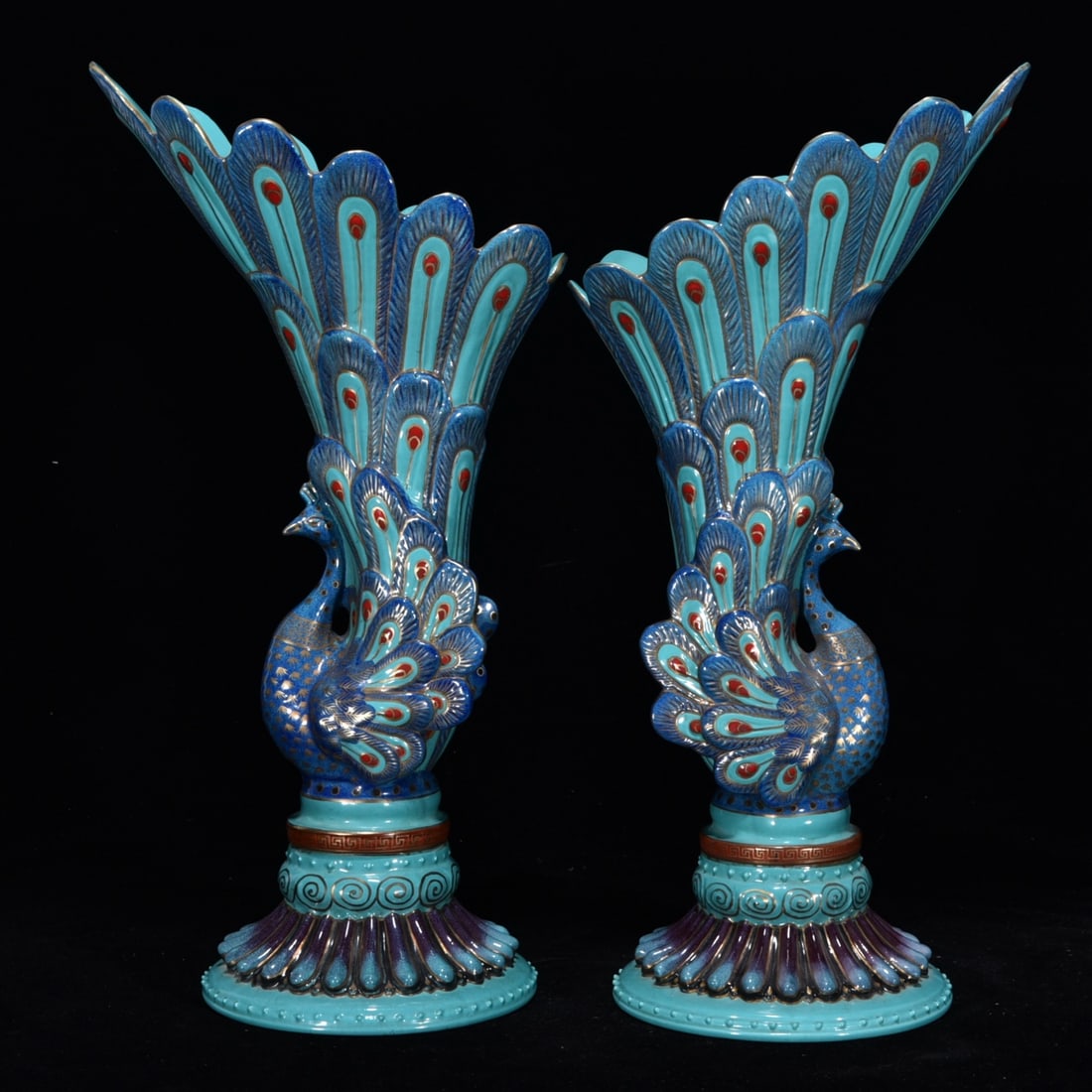A Pair of Exquisite Turquoise Glazed Painted Gold Peacock ?? Ornaments: A Pair of Exquisite Turquoise Glazed Painted Gold Peacock 形 Ornaments,Qing Dynasty,China,with Qianlong Six-character