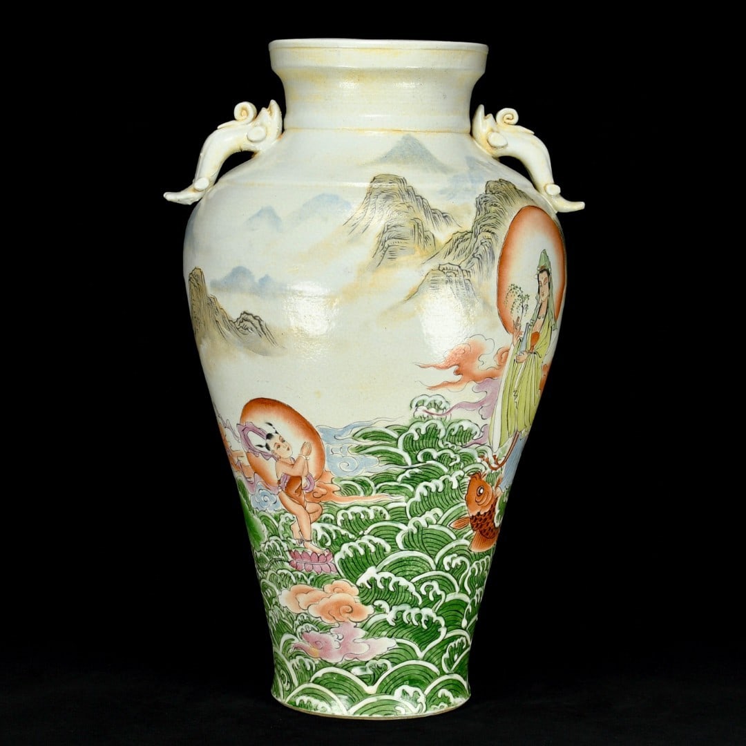 An Exquisite Wucai Character and Story Pattern Double-Ears Vase,with poem: An Exquisite Wucai Character and Story Pattern Double-Ears Vase,with poem,Yuan