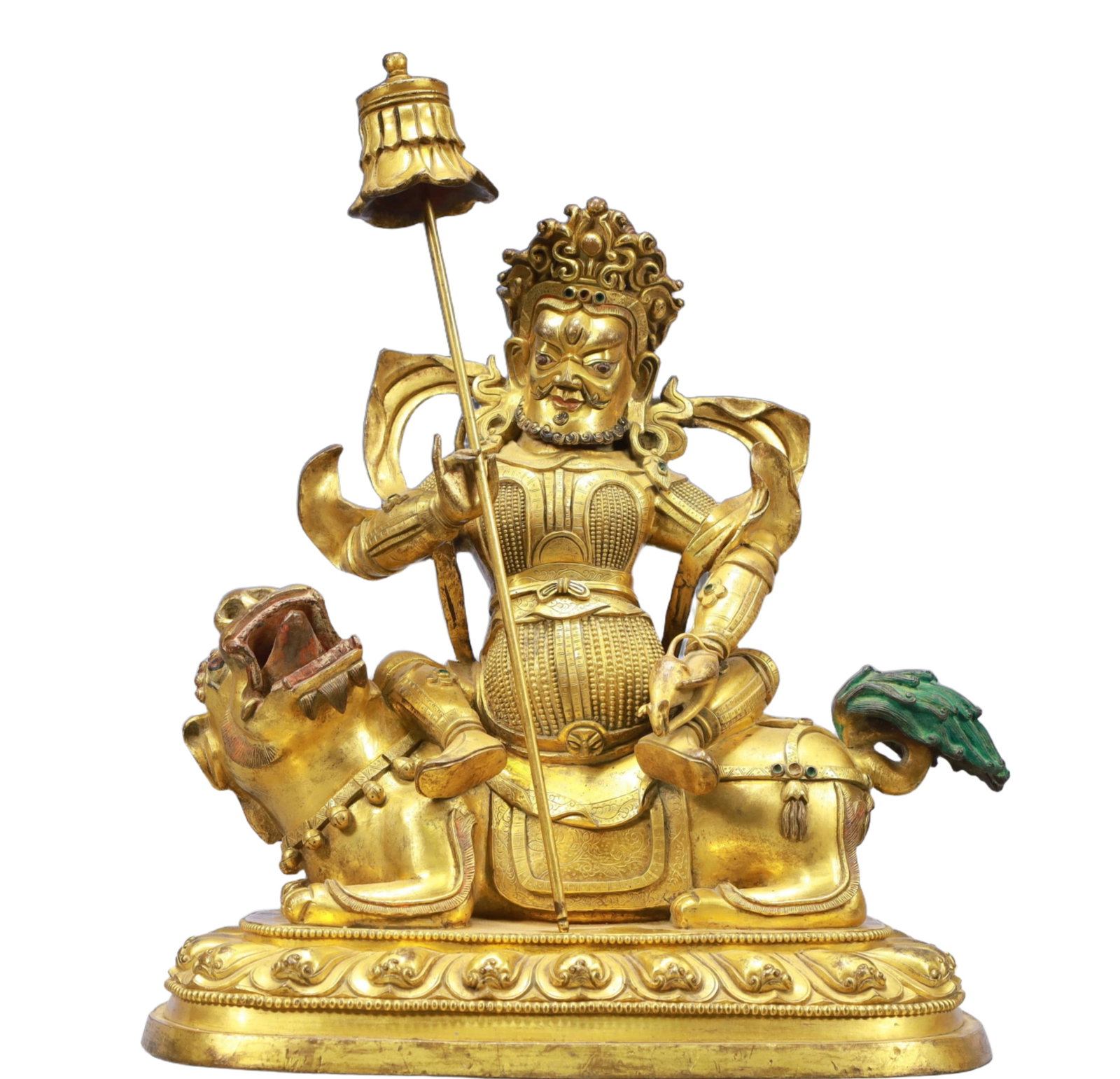 A Solemn Gilt Bronze Statue of Mammon Rides the Lion: A Solemn Gilt Bronze Statue of Mammon Rides the Lion,Ming Dynasty, China,Size:10.6inx5.9inx13.8in,Weight:9050,铜鎏金骑狮财神,中国明代