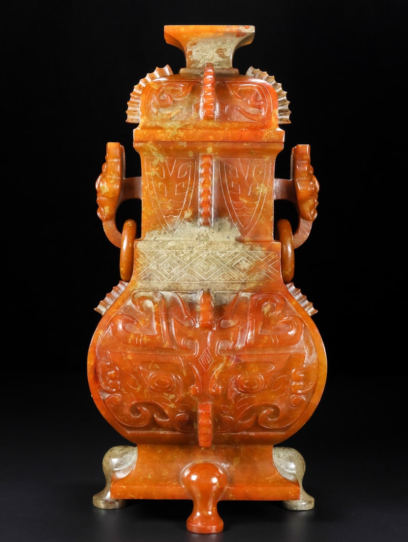An Exquisite White Jade Beast-Face Pattern with Cover Beast-Ears Vase: An Exquisite White Jade Beast-Face Pattern with Cover Beast-Ears Vase,Han