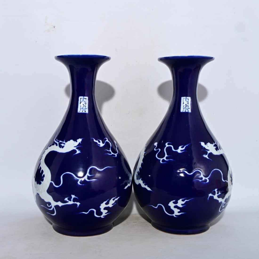 A Pair of Exquisite Ji Blue Glazed Dragon Pattern Vases,: A Pair of Exquisite Ji Blue Glazed Dragon Pattern Vases,Yuan Dynasty, China ,,Size:17.7inx10.2in 一对霁蓝釉龙纹瓶