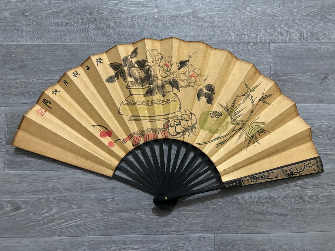 A Chinese Ink Painting Fan with Flower Motif: A Chinese Ink Painting Fan with Flower Motif,Shen zhou,Size:23.6inx13in,一把中国水墨花卉画扇子,沈周
