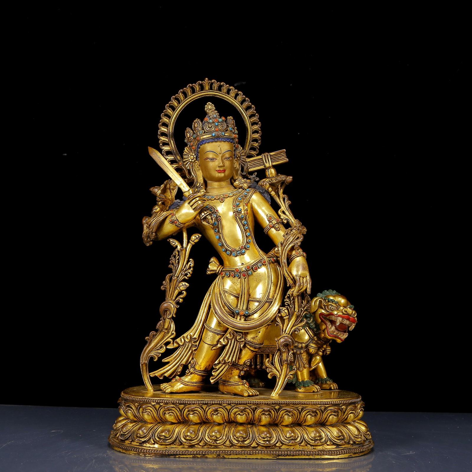 A Solemn Gilt Bronze Inlaid Gems Statue of Manjusri,With Inscription: A Solemn Gilt Bronze Inlaid Gems Statue of Manjusri,With Inscription,Ming