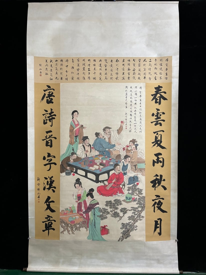 A Chinese Vertical Scroll Ink Painting of Character and Story on Paper: A Chinese Vertical Scroll Ink Painting of Character and Story on Paper,Fu baoshi,Size:(entirety)120.1inx64.2in,(Without frame)81.1inx59.4in,一幅中国水墨人