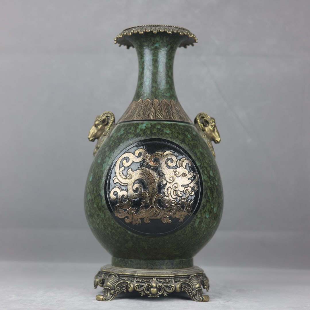 An Exquisite Ancient Bronze Glazed Inlaid Bronze Dragon Pattern Double-Ears Vase (1 of 9)