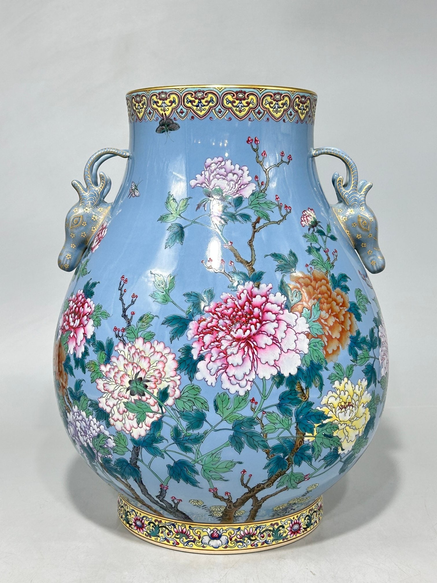 Sky Blue Glazed Painted Gold Flower Pattern with poem Double-Ears Vase: Sky Blue Glazed Painted Gold Flower Pattern with poem Double-Ears Vase,Qing Dynasty,China,with Qianlong Six-character