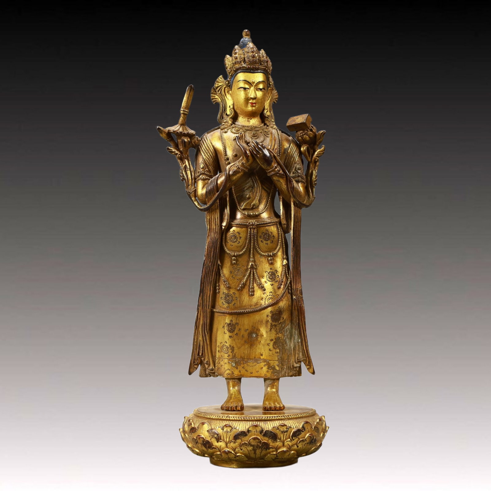 A Solemn Gilt Bronze Statue of Manjusri: A Solemn Gilt Bronze Statue of Manjusri,Ming Dynasty,China,Size:4.3inx3.5inx11in,Weight:1300g,铜鎏金文殊菩萨像,中国明代
