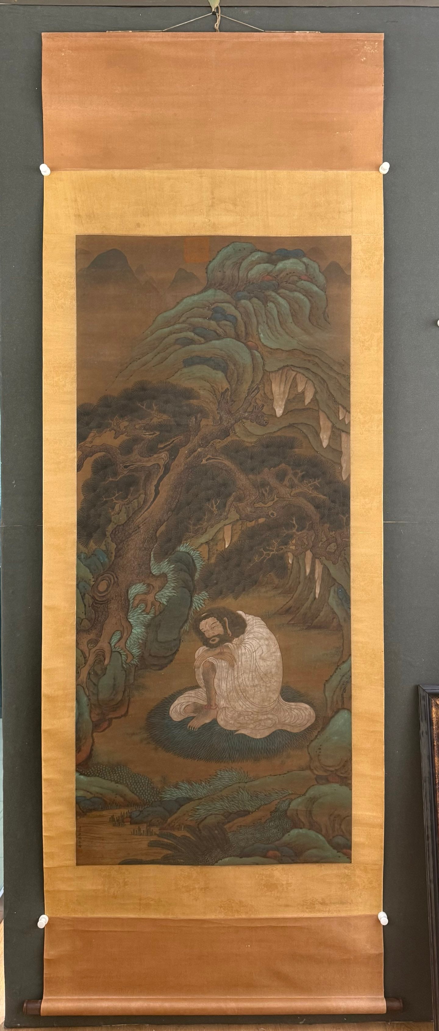 A Chinese Vertical Scroll Ink Painting of Landscape and Figure on Paper: A Chinese Vertical Scroll Ink Painting of Landscape and Figure on Paper,Ding guanpeng,Size:70.1inx30.7in,一幅中国水墨山水人物画立