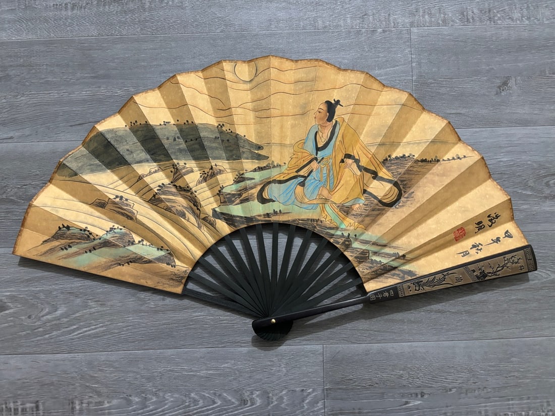 A Chinese Ink Painting Fan with Landscape and Figure Motif: A Chinese Ink Painting Fan with Landscape and Figure Motif,Tang