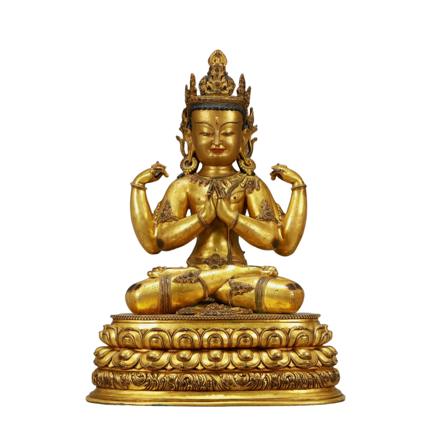 A Solemn Gilt Bronze Statue of Four-arms Guanyin: A Solemn Gilt Bronze Statue of Four-arms Guanyin ,Ming Dynasty,