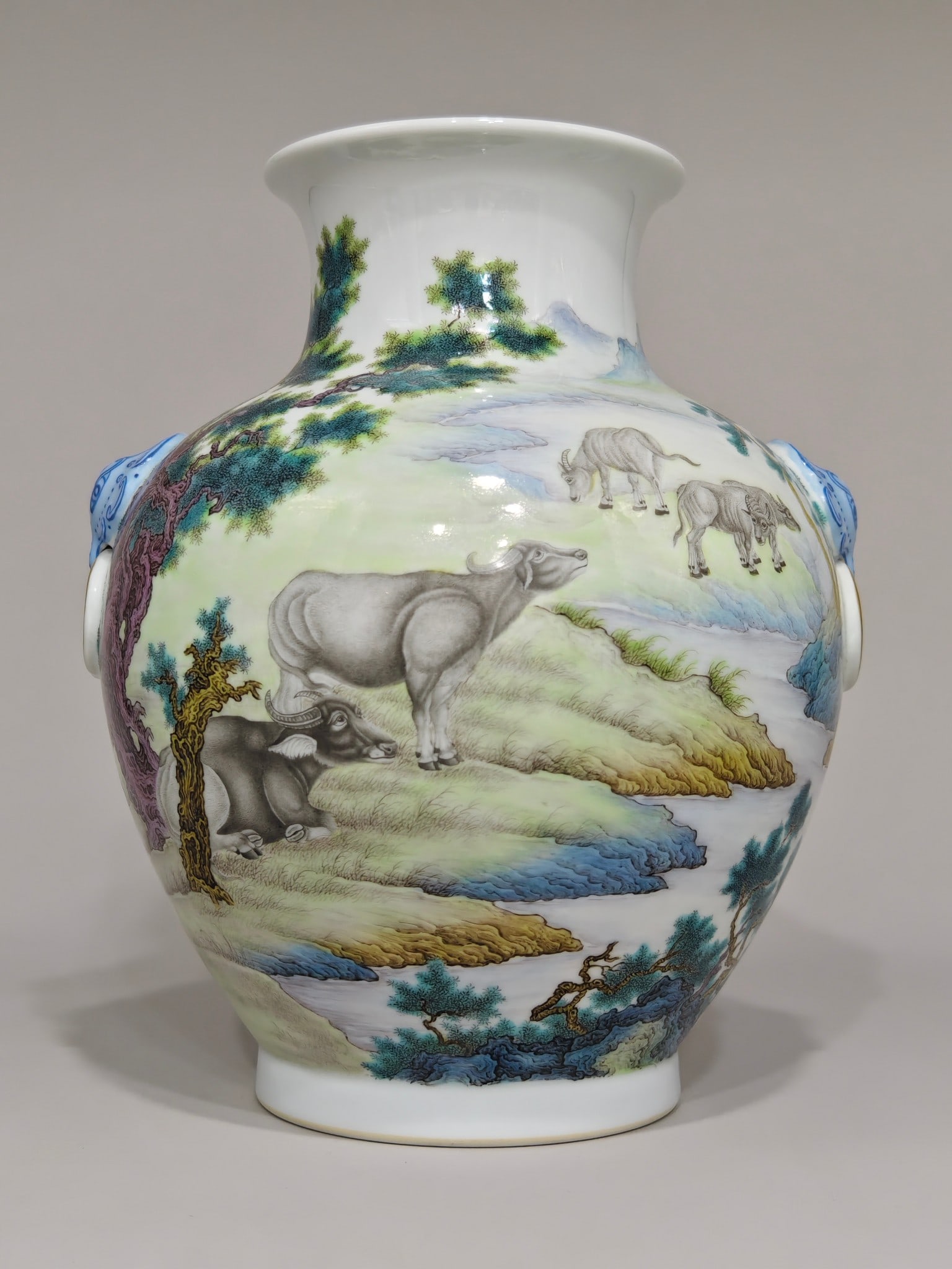 Famille-Rose Landscape Pattern Animal Pattern with poem Double-Ears Vase: Famille-Rose Landscape Pattern Animal Pattern with poem Double-Ears Vase,Qing Dynasty,China,with Qianlong Six-character Mark,Size:9.8inx8.7in