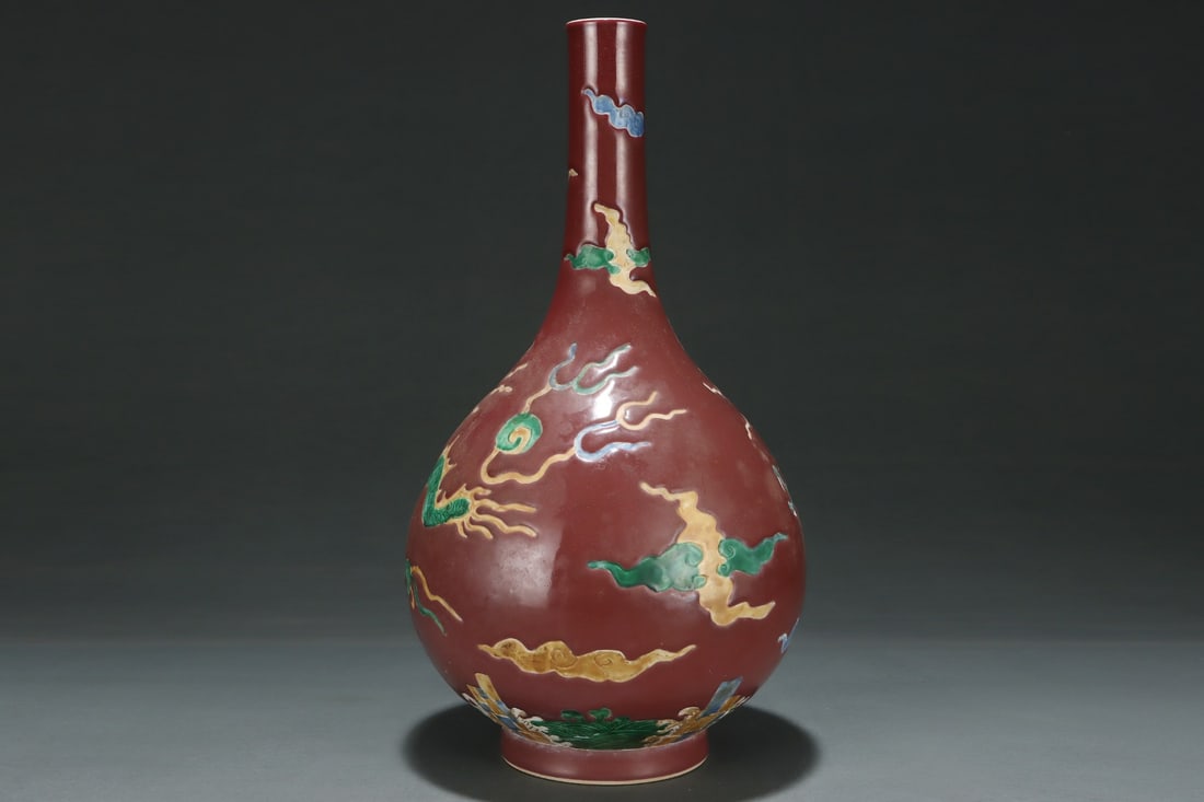 An Exquisite Red-Glazed Dragon Pattern Seawater Pattern Vase - 4