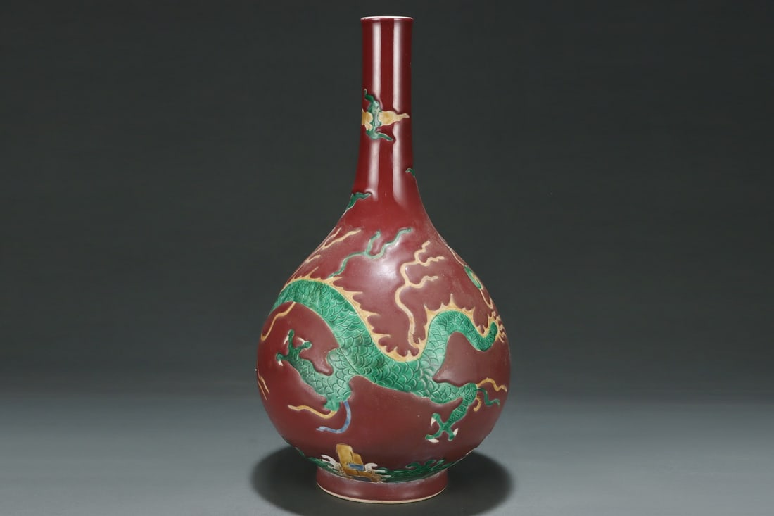 An Exquisite Red-Glazed Dragon Pattern Seawater Pattern Vase - 5