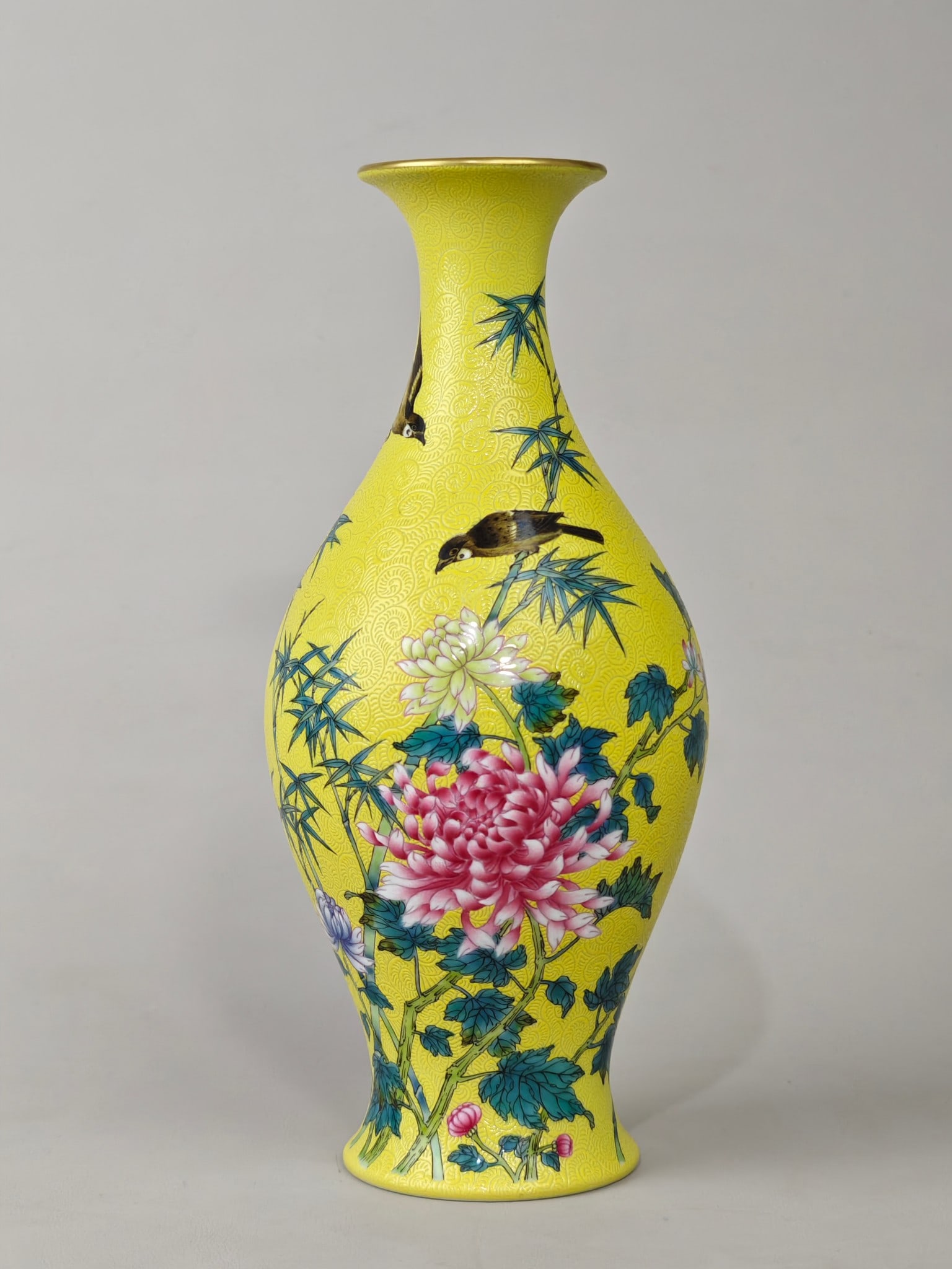 Enamel Yellow Glazed Flower and Bird Pattern Vase: Enamel Yellow Glazed Flower and Bird Pattern Vase,Qing Dynasty,China,with Yongzheng Six-character Mark,Size:8.8inx3.9in 珐琅彩黄釉花鸟纹瓶,中