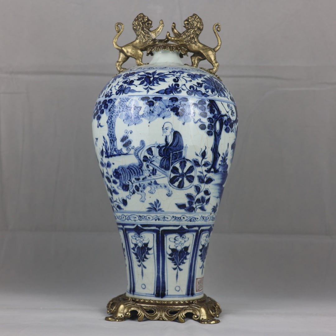 An Exquisite Blue and White Inlaid Bronze Lotus Pattern Character and Story Pattern Vase: An Exquisite Blue and White Inlaid Bronze Lotus Pattern Character and Story Pattern VaseYuan