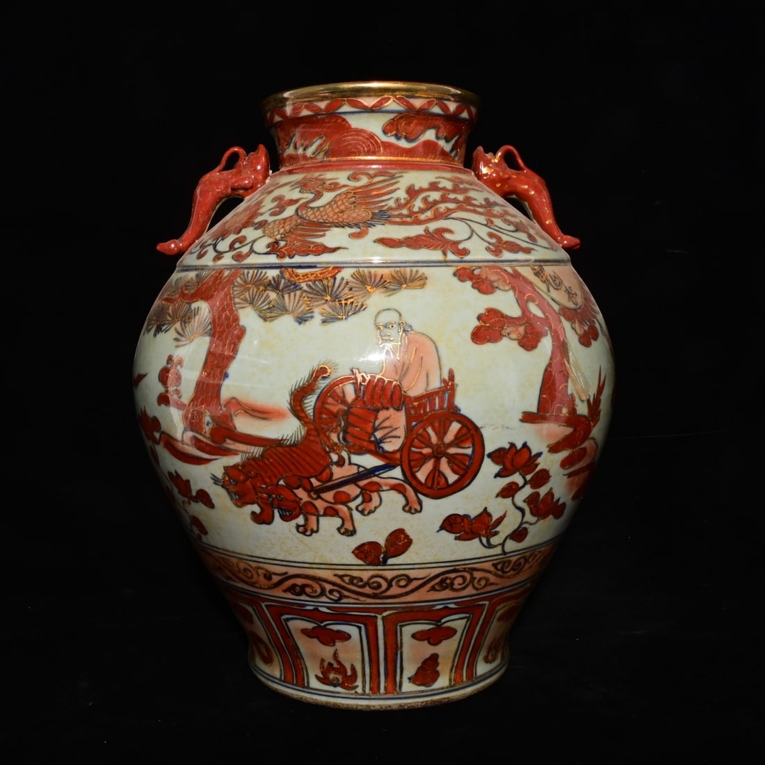 An Exquisite Iron-Red Painted Gold Character and Story Pattern Double-Ears Jar,: An Exquisite Iron-Red Painted Gold Character and Story Pattern Double-Ears Jar,Yuan Dynasty, China,With Mark,Size:15.4inx13in 矾红描金人物故事纹&#