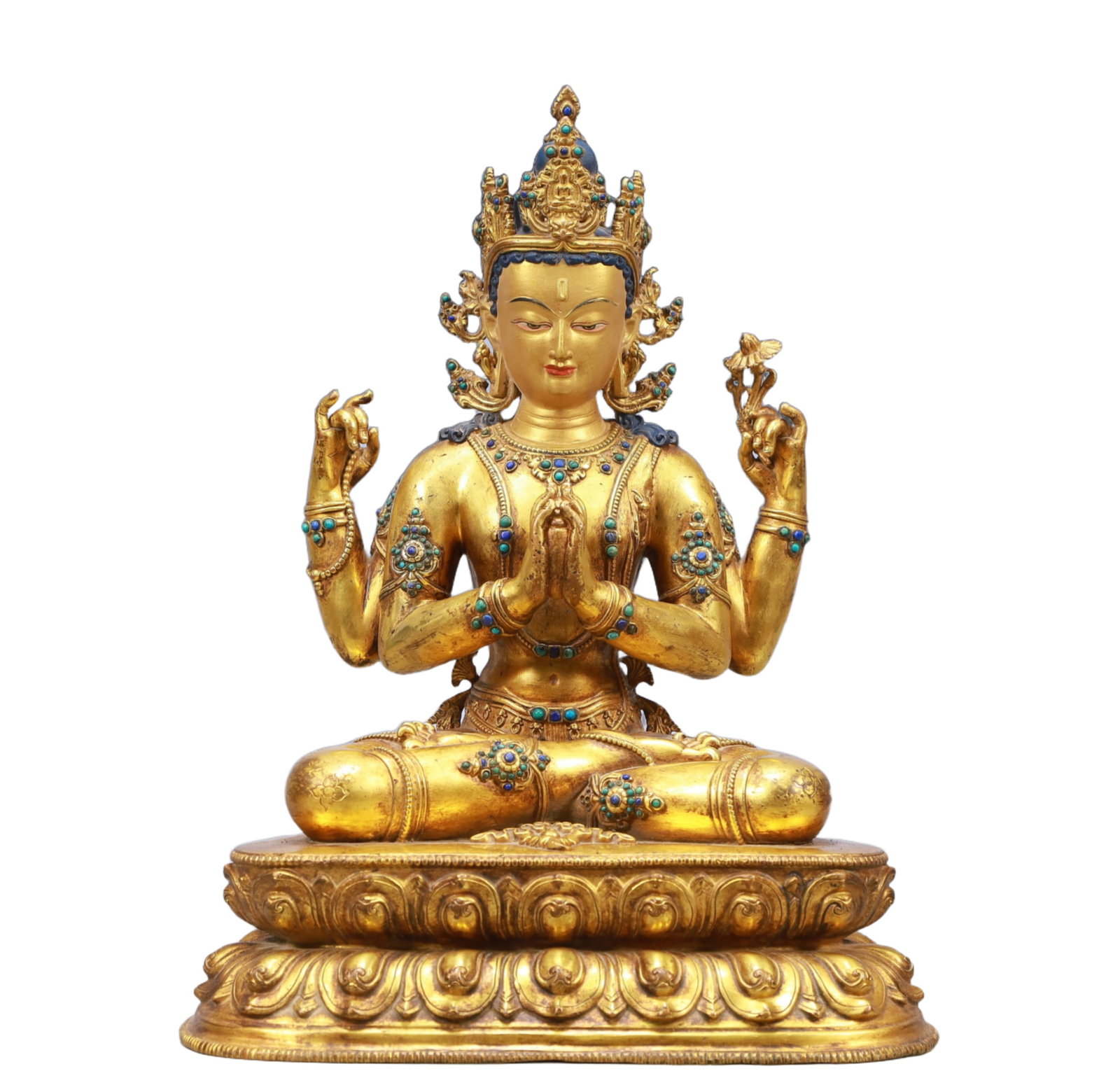 A Solemn Gilt Bronze Inlaid Gems Four-arms Statue of Avalokitesvara: A Solemn Gilt Bronze Inlaid Gems Four-arms Statue of Avalokitesvara,Ming Dynasty,