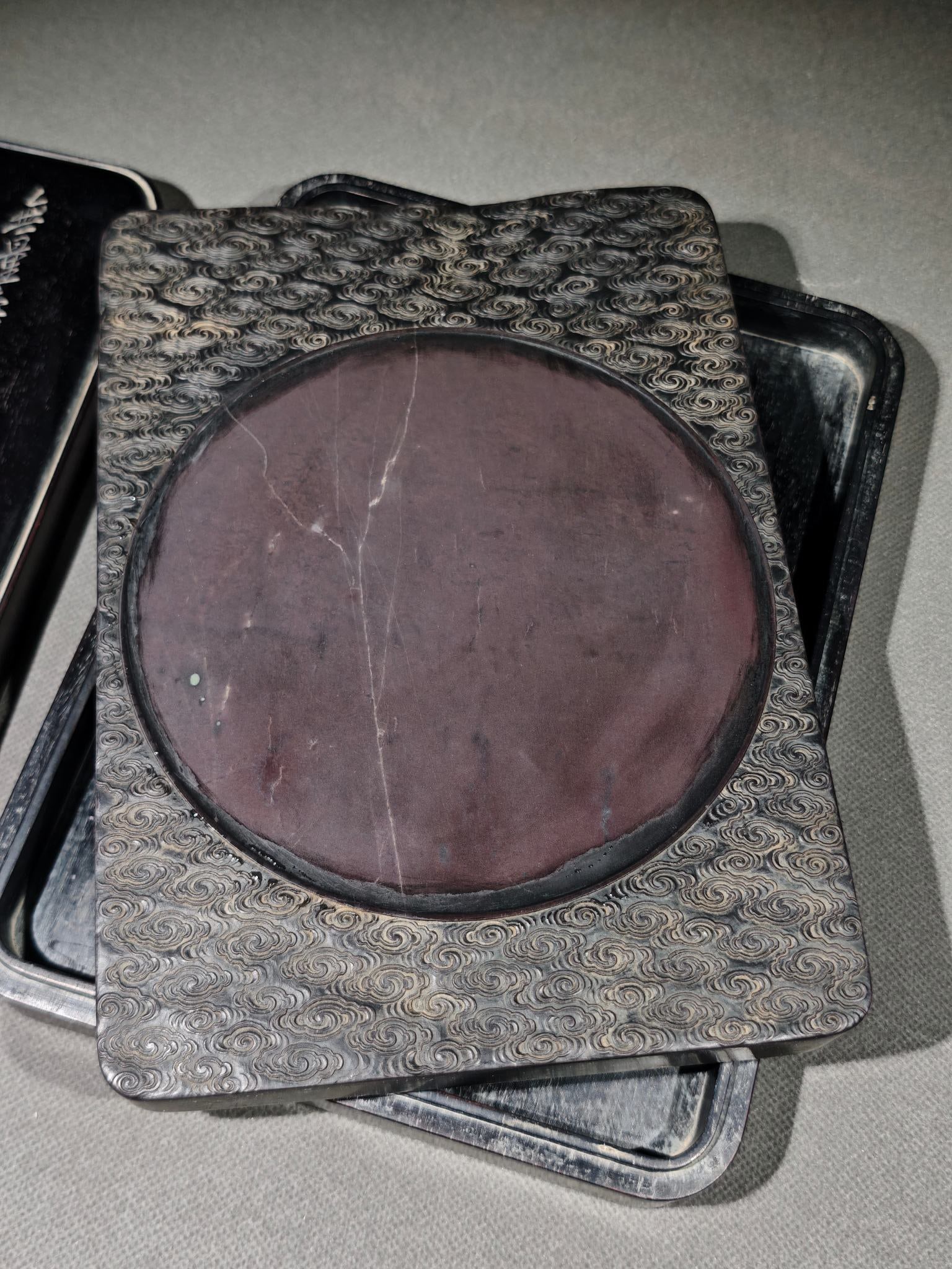 An Exquisite Auspicious Cloud Pattern Figure Pattern Inkstone,with Wooden Box (1 of 9)