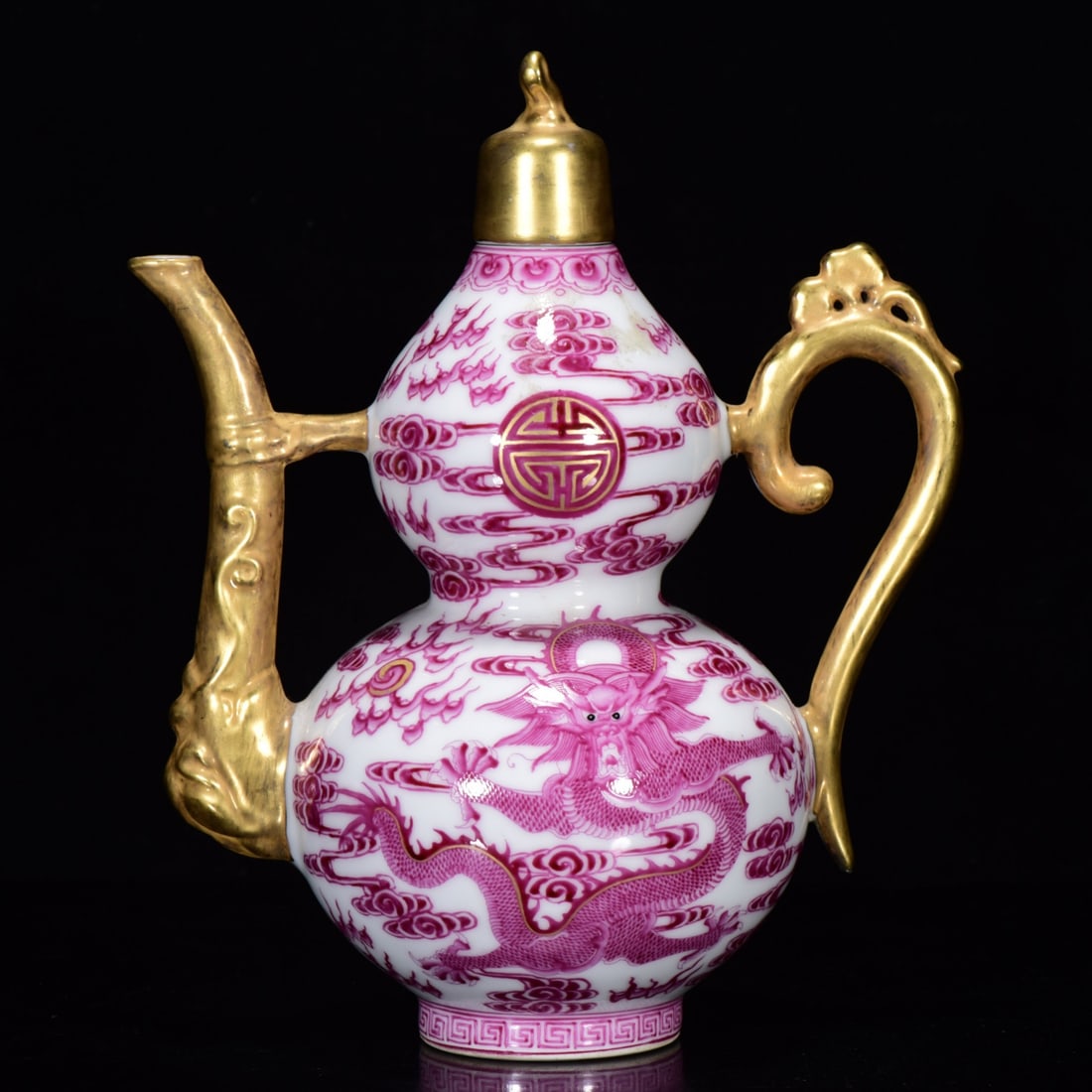An Exquisite Ruby Red-Glazed Gilded Dragon Pattern Gourd Teapot - 3