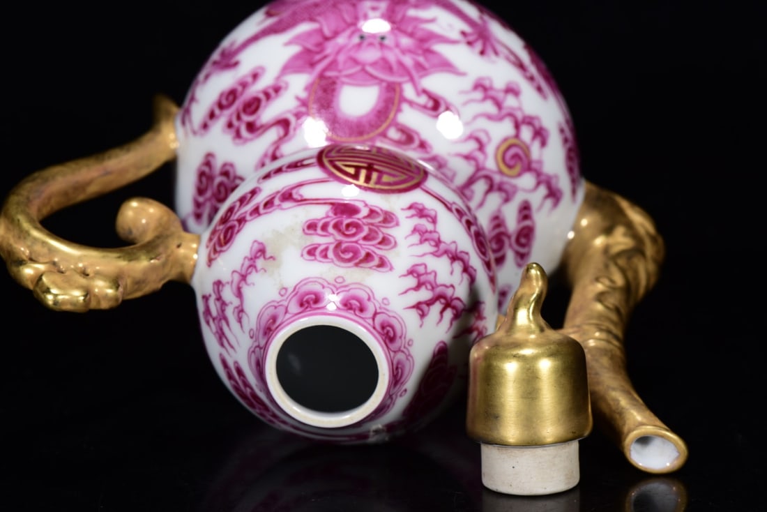 An Exquisite Ruby Red-Glazed Gilded Dragon Pattern Gourd Teapot - 4