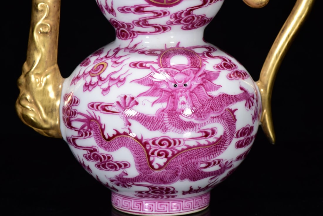 An Exquisite Ruby Red-Glazed Gilded Dragon Pattern Gourd Teapot - 7
