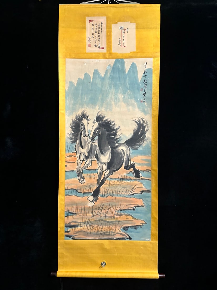 A Chinese Vertical Scroll Ink Painting of Horse on Paper: A Chinese Vertical Scroll Ink Painting of Horse on Paper,Xu beihong,Size:(entirety)92.5inx30.7in,(Without frame)53.1inx26.4in,一幅中国水墨骏马图&#