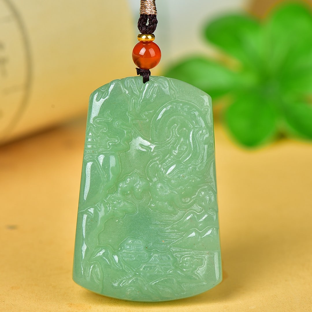 An Exquisite Greenish Jade Landscape and Dragon Pattern Pendant: An Exquisite Greenish Jade Landscape and Dragon Pattern Pendant,Size:33mmx49mm 寓意:胸怀山河 青白玉山水龙纹牌