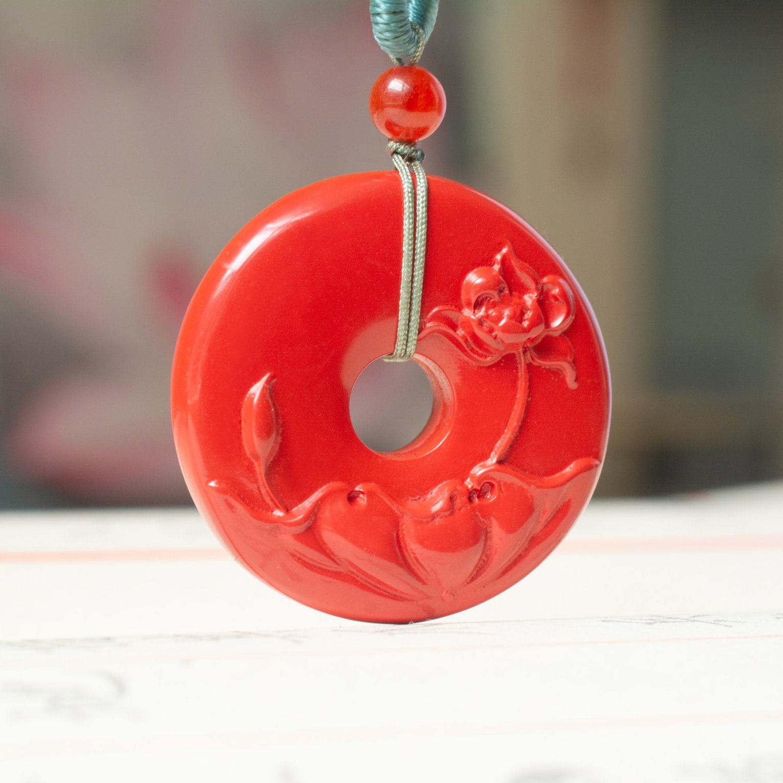 An Exquisite Cinnabar Lotus Pattern Pendant: An Exquisite Cinnabar Lotus Pattern Pendant,Size:29mmx29mm (寓意)吉祥招财喜庆、驱邪避凶