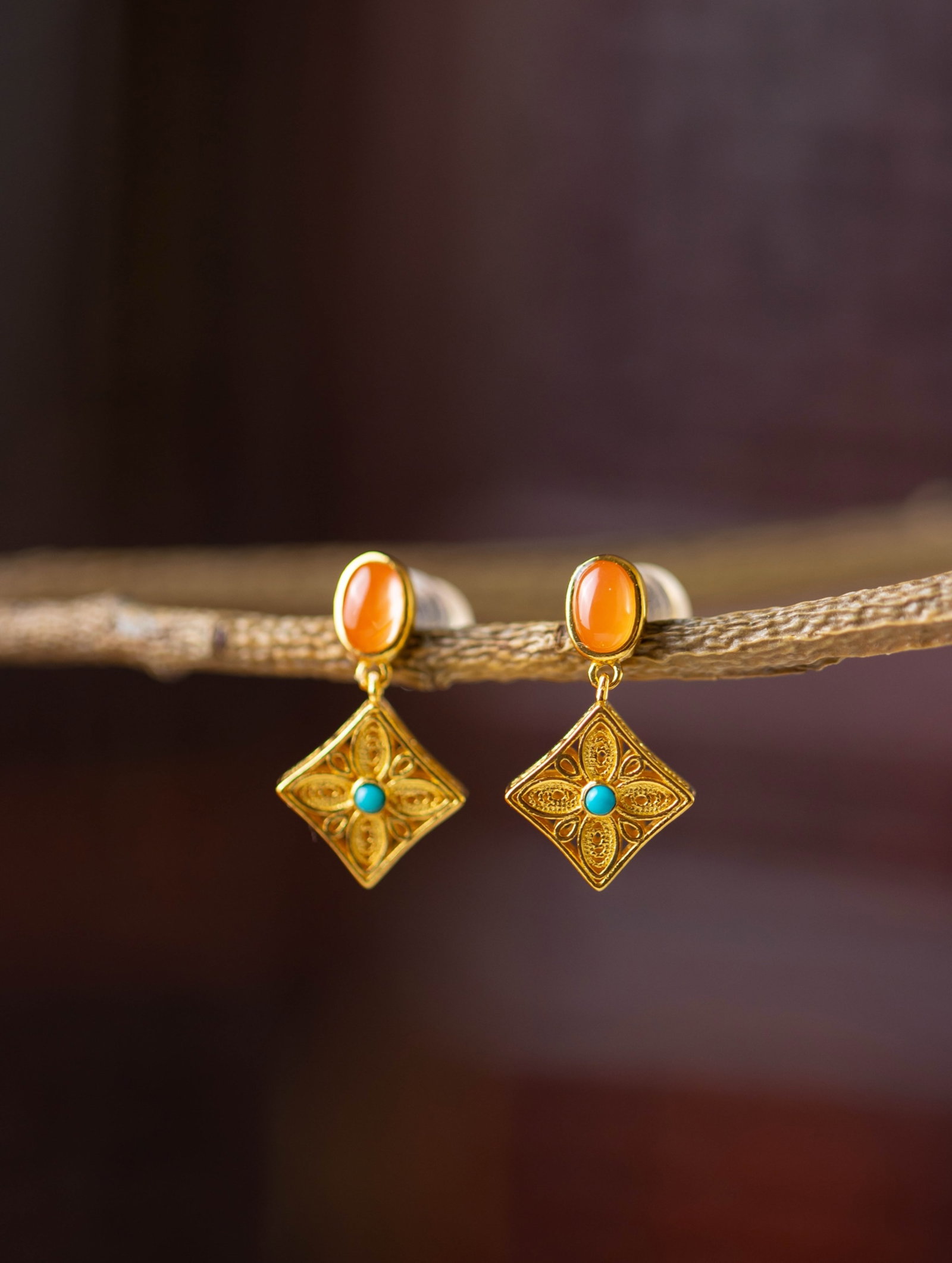 A Pair of Exquisite Sterling Silver-Gold Plated Inlaid Turquoise Earrings,Inlaid Hotan Jade: A Pair of Exquisite Sterling Silver-Gold Plated Inlaid Turquoise Earrings,Inlaid Hotan Jade 一对纯银镀金镶绿松石耳环,嵌
