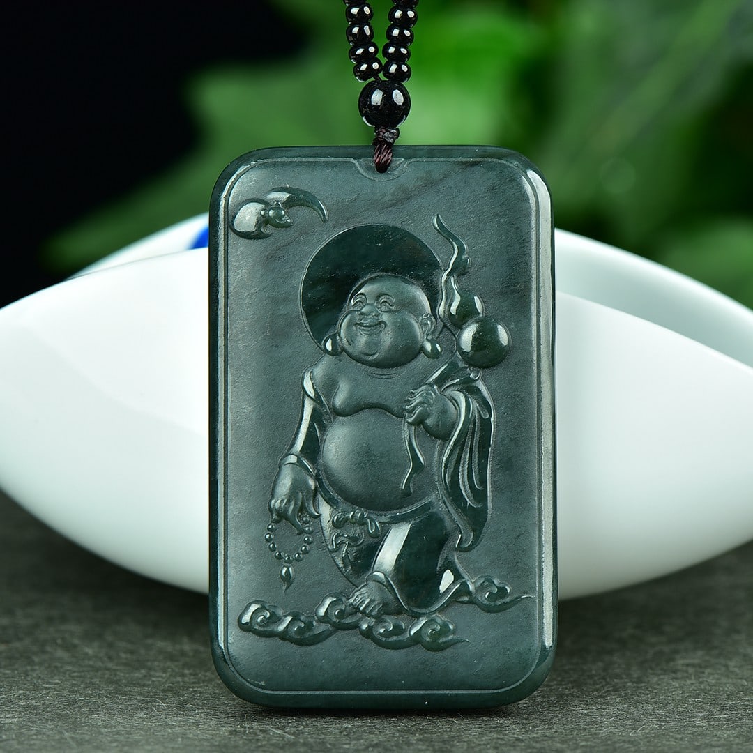 An Exquisite Sapphire Landscape and Maitreya Buddha Pattern Pendant: An Exquisite Sapphire Landscape and Maitreya Buddha Pattern Pendant,Size:40mmx65mm 寓意:吉祥 心怀天下 能容天下事