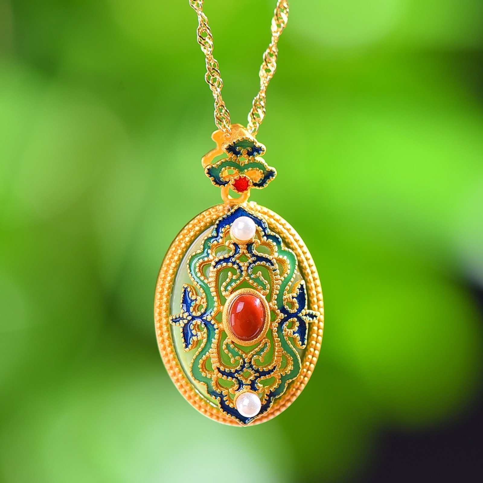 An Exquisite Sterling Silver-Gold Plated Inlaid Jasper Enamel Pendant,Inlaid Pearls: An Exquisite Sterling Silver-Gold Plated Inlaid Jasper Enamel Pendant,Inlaid Pearls,Size:13mmx18mm