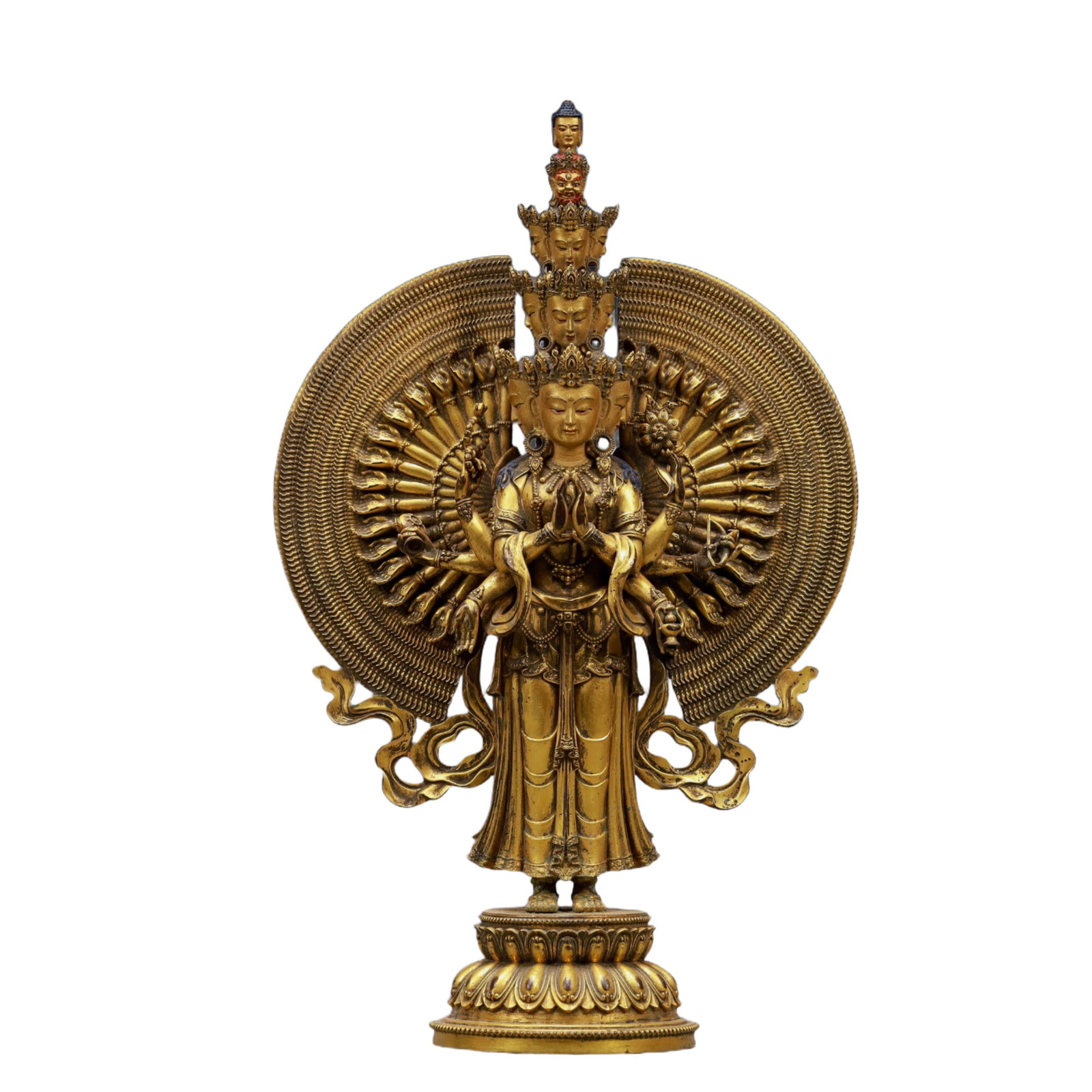 A Solemn Gilt Bronze Statue of Thousand-hand Guanyin: A Solemn Gilt Bronze Statue of Thousand-hand Guanyin ,Ming Dynasty, China,Size:7.3inx3.3inx11.8inWeight:1550g