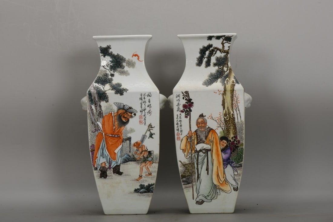 A Pair of Exquisite Character and Story Pattern with poem Double-Ears Vase: A Pair of Exquisite Character and Story Pattern with poem Double-Ears Vase,the Republic of China , With