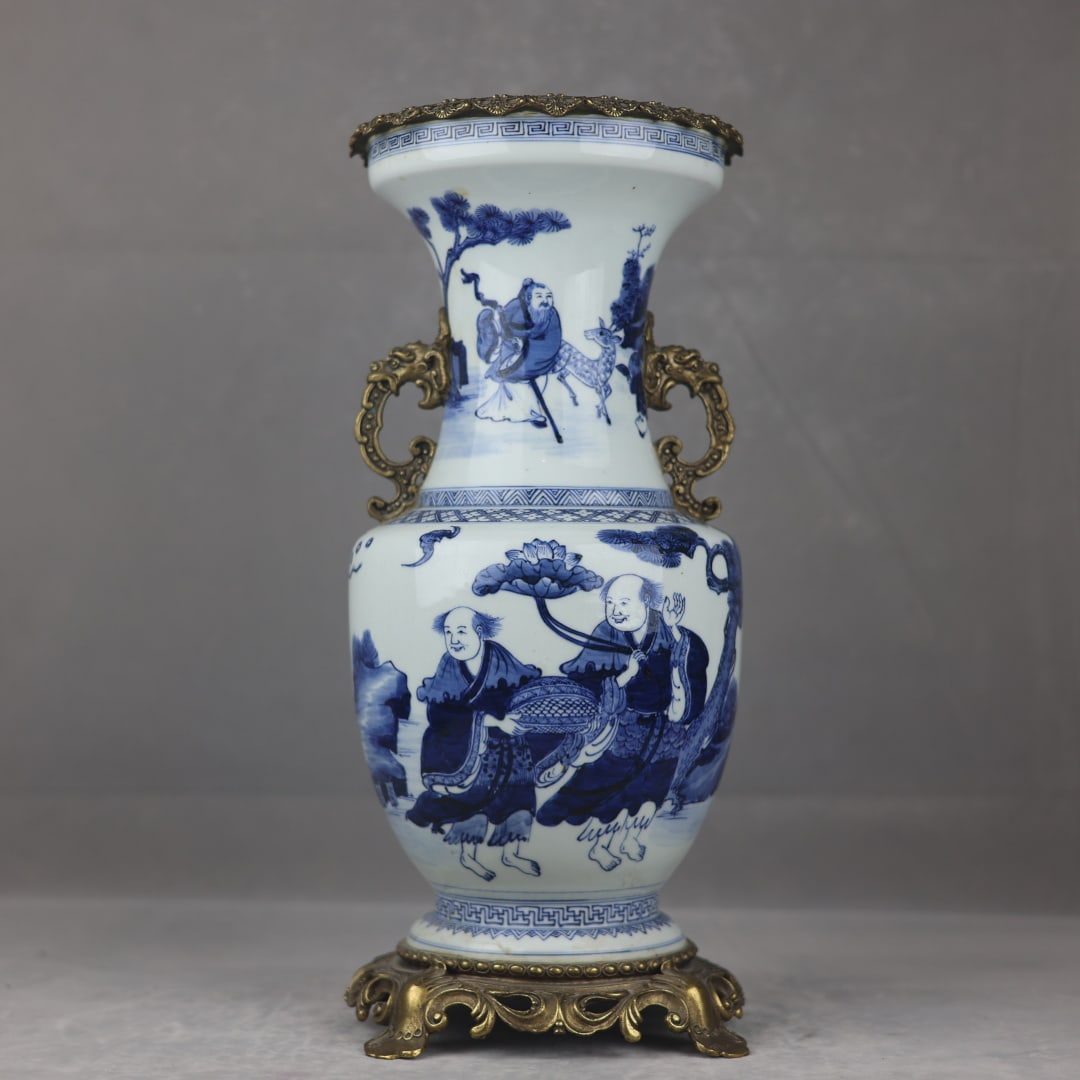 An Exquisite Blue and White Inlaid Bronze Character and Story Pattern Double-Ears Vase: An Exquisite Blue and White Inlaid Bronze Character and Story Pattern Double-Ears VaseQing Dynasty,China,Kangxi Six-character