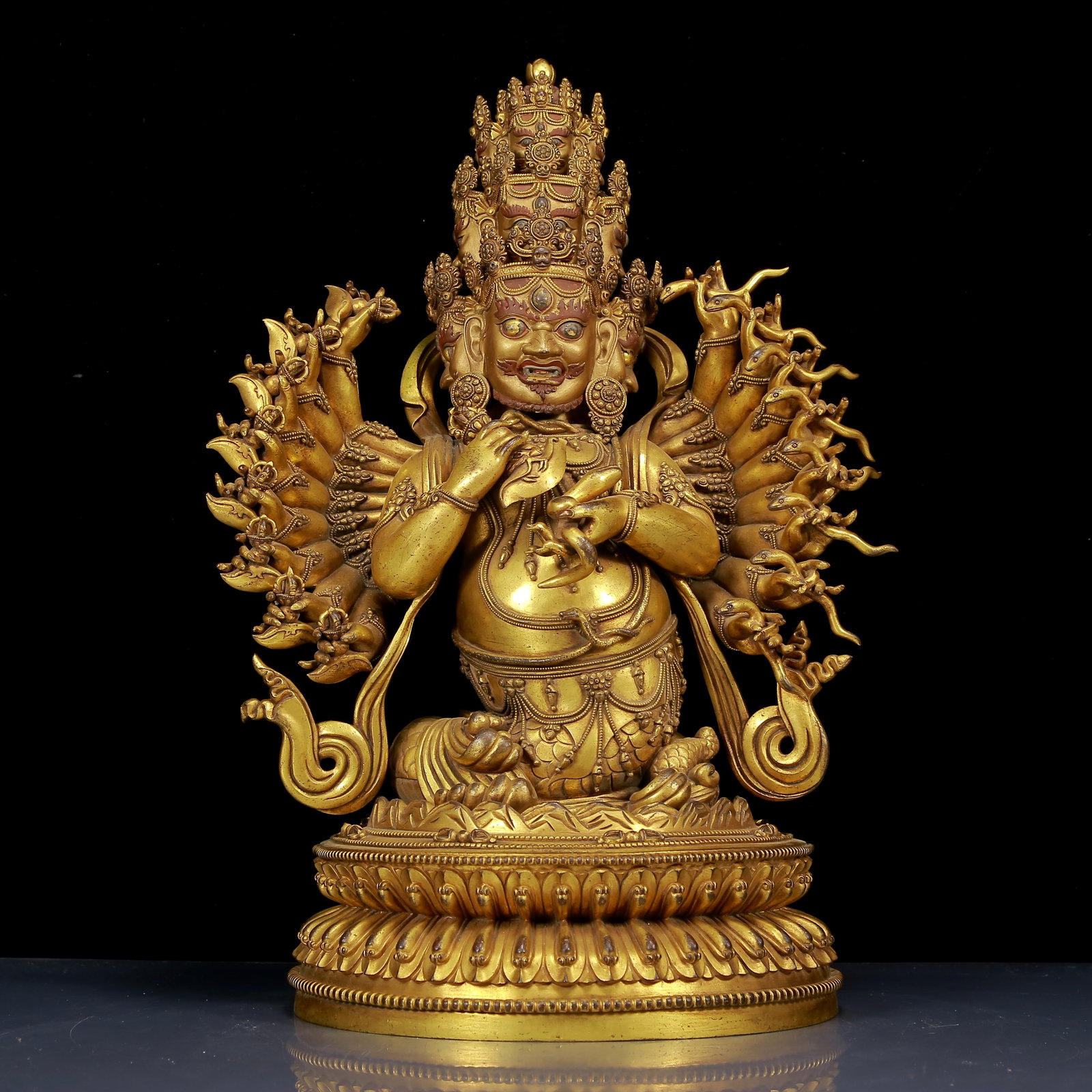 A Solemn Gilt Bronze Statue of Yamantaka: A Solemn Gilt Bronze Statue of Yamantaka,Ming Dynasty,China,Yongle Six-character Mark,Size:12.6inx10.6inx18.9in,Weight:18580g,铜鎏金大威德金刚像,&