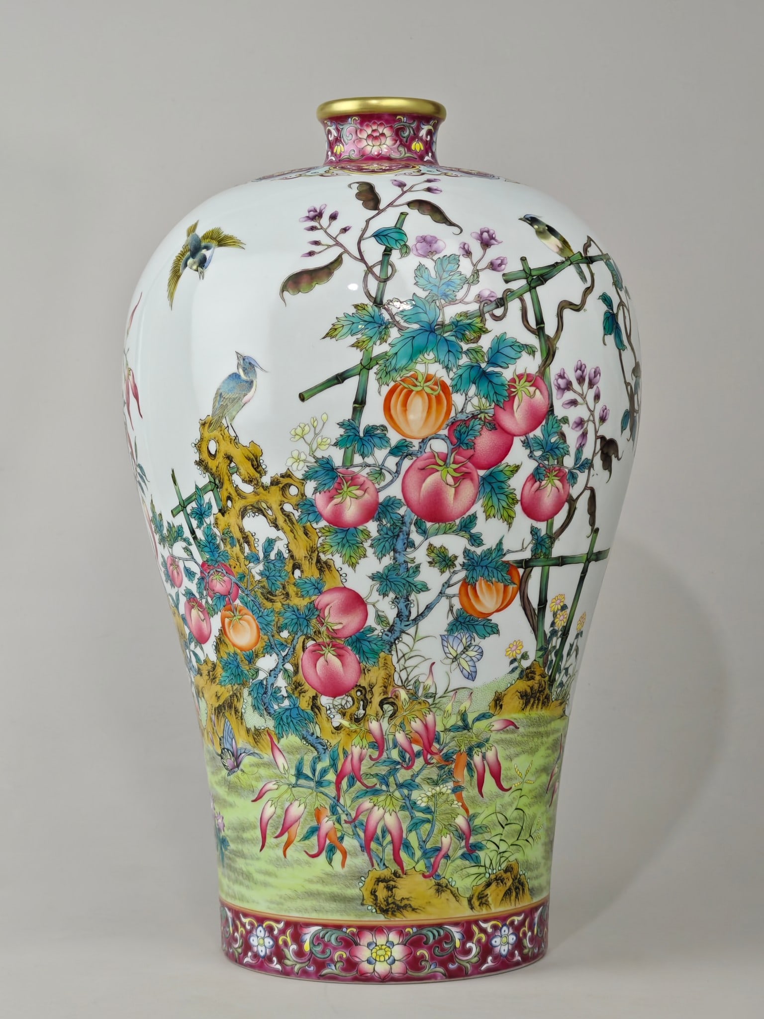 Enamel Floral-Insect Pattern with poem Vase: Enamel Floral-Insect Pattern with poem Vase,Qing Dynasty,China,with Yongzheng Six-character Mark,Size:15inx9.4in 珐琅彩花卉虫草纹带诗文