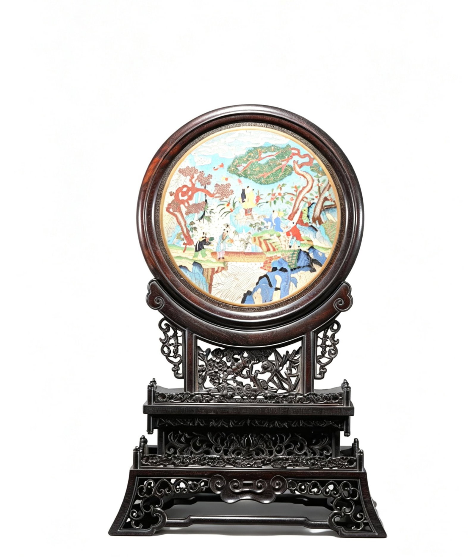 An Exquisite Redwood Inlaid Cloisonne Landscape and Figure Pattern Table Screen,with poem: An Exquisite Redwood Inlaid Cloisonne Landscape and Figure Pattern Table Screen,with poem,Qing Dynasty,China,With Mark,Size:21.9inx13.8in,红木镶景泰蓝山૒