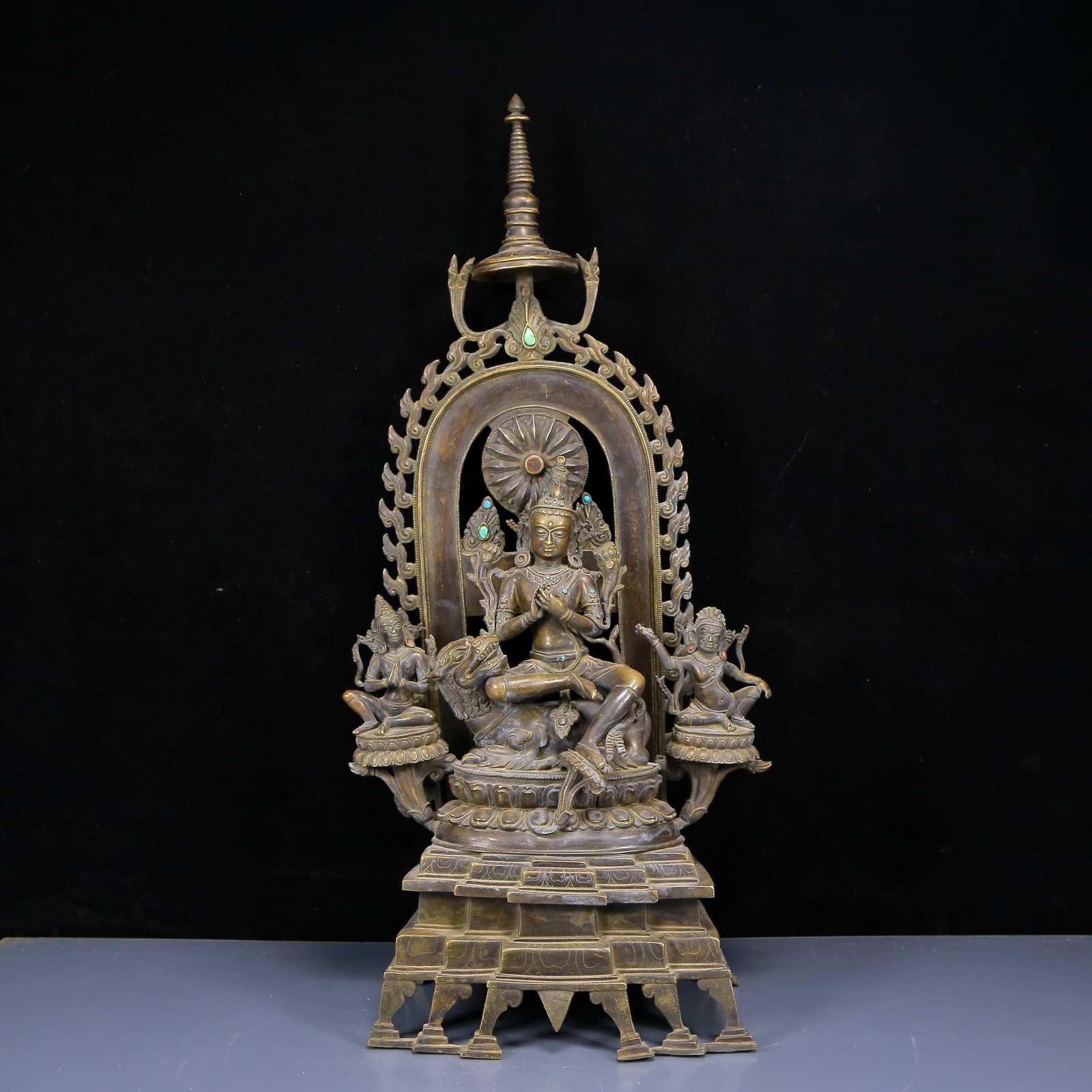 A Solemn Bronze Inlaid Gems Statue of Tara,With Inscription: A Solemn Bronze Inlaid Gems Statue of Tara,With Inscription,Ming Dynasty,China,Size:11inx8.3inx28.7in,Weight:8620g,铜嵌宝石度母像,带铭文,