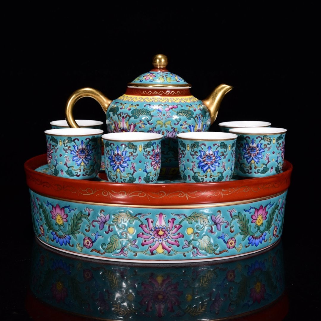 A Set of Fine Famille-Rose Lotus Pattern Teawares: A Set of Fine Famille-Rose Lotus Pattern Teawares,Qing Dynasty,China,with Yongzheng Four-character Mark,Size:8.7inx5.5in,一套粉彩缠枝莲纹茶具