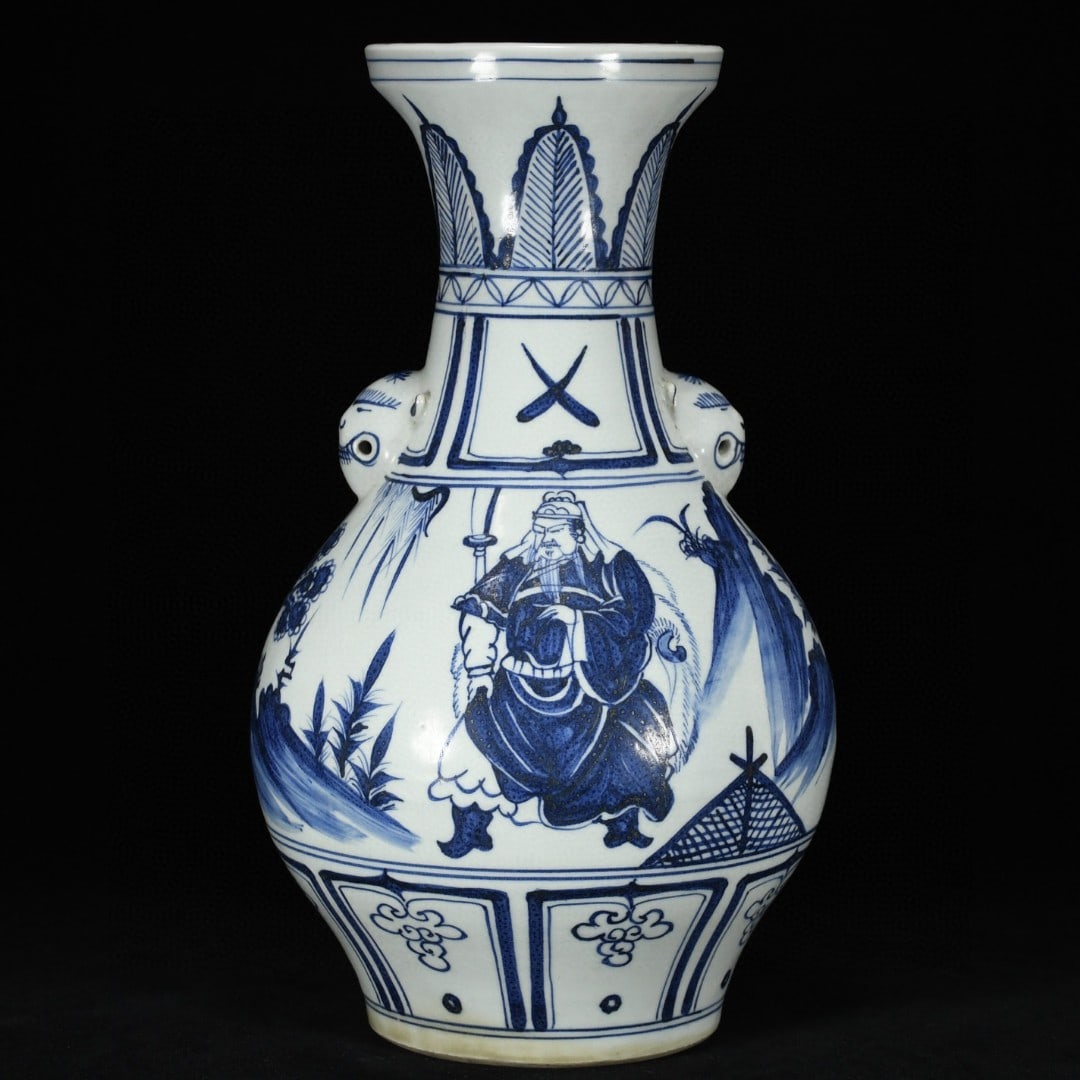 An Exquisite Blue and White Character and Story Pattern Beast-Ears Vase: An Exquisite Blue and White Character and Story Pattern Beast-Ears Vase,Yuan Dynasty,China,Size:13.8inx8.3in,青花人物故事纹兽耳瓶,中&#