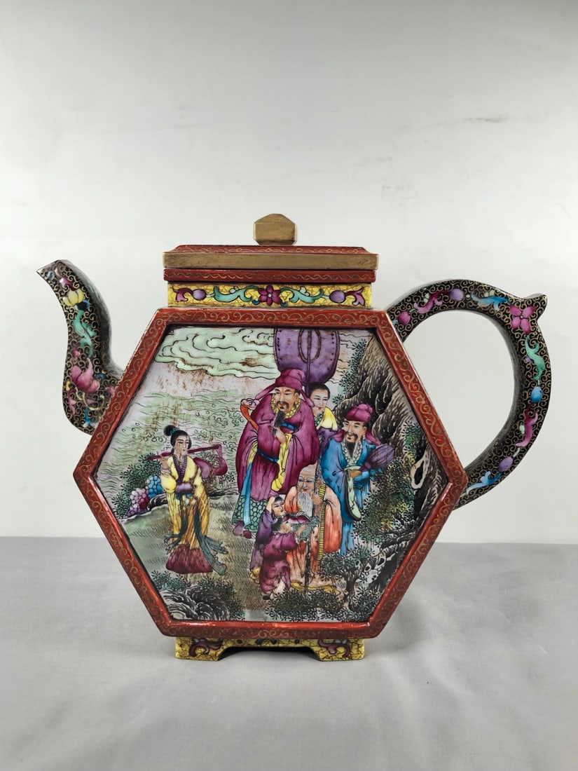 An Exquisite Purple Sands Enamel Character and Story Pattern Ewer: An Exquisite Purple Sands Enamel Character and Story Pattern Ewer,Qing Dynasty,China,with Yongzheng Four-character Mark,Size:9.4inx11.2in,紫砂珐琅彩人物ਠ