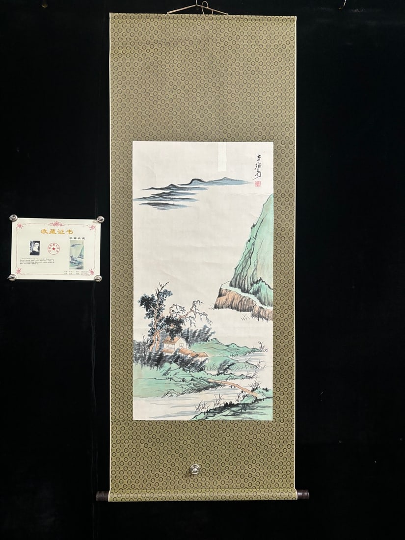 A Chinese Vertical Scroll Ink Painting of Landscape on Paper: A Chinese Vertical Scroll Ink Painting of Landscape on Paper,Zhang daqian,Size:(entirety)66.9inx25.6in,(Without frame)39.4inx19.7in,一幅中国水墨山水